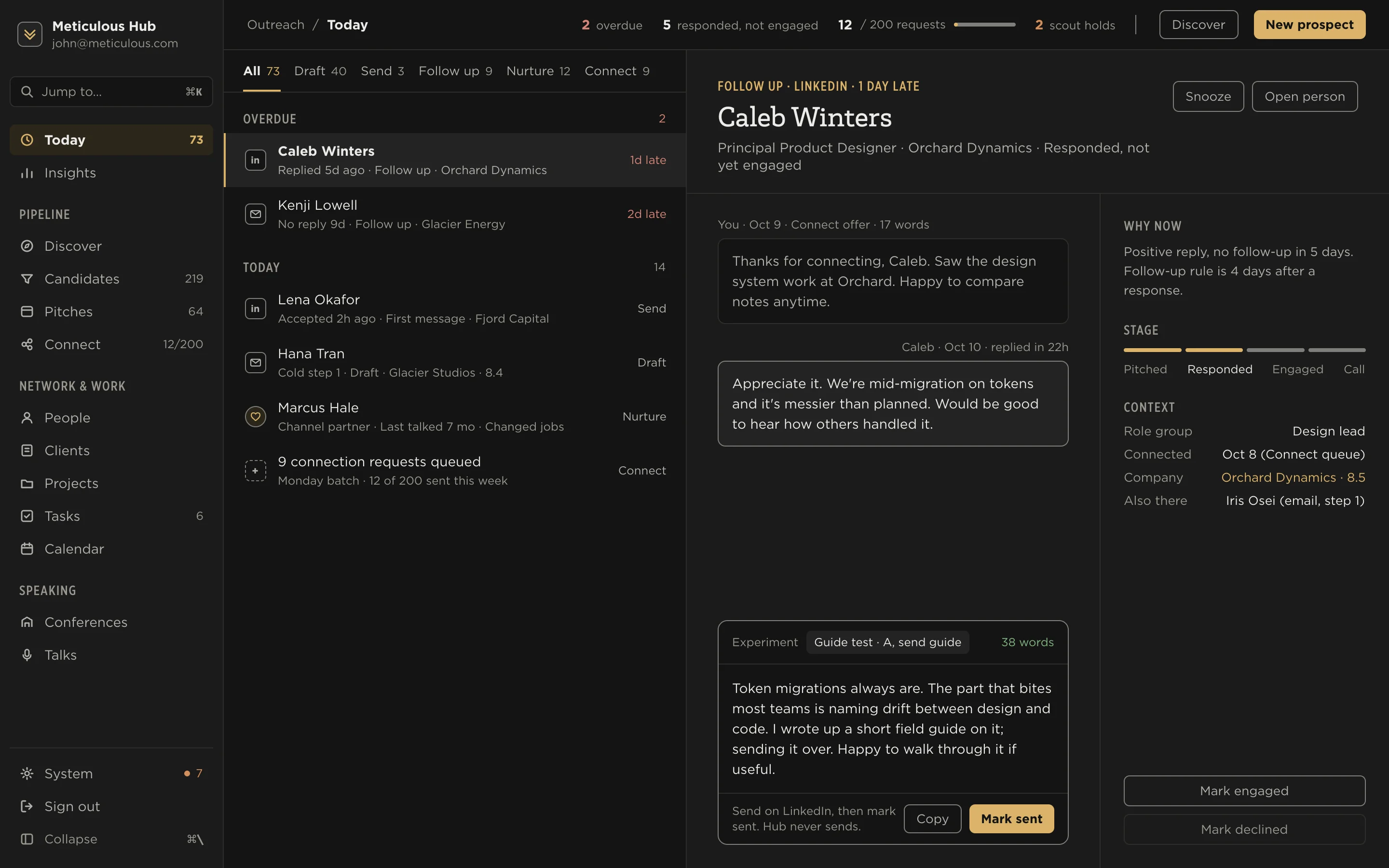 Hub Today after it shipped: a left navigation, a prioritized queue, and a detail pane with the conversation, Why now, and stage. Example data.