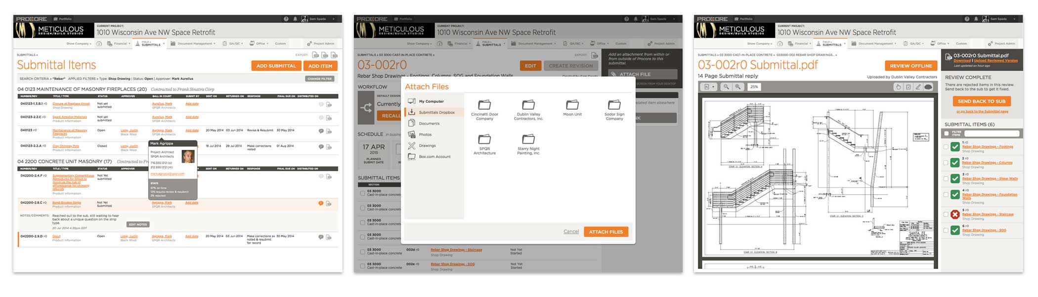 Key screens from the Submittals module