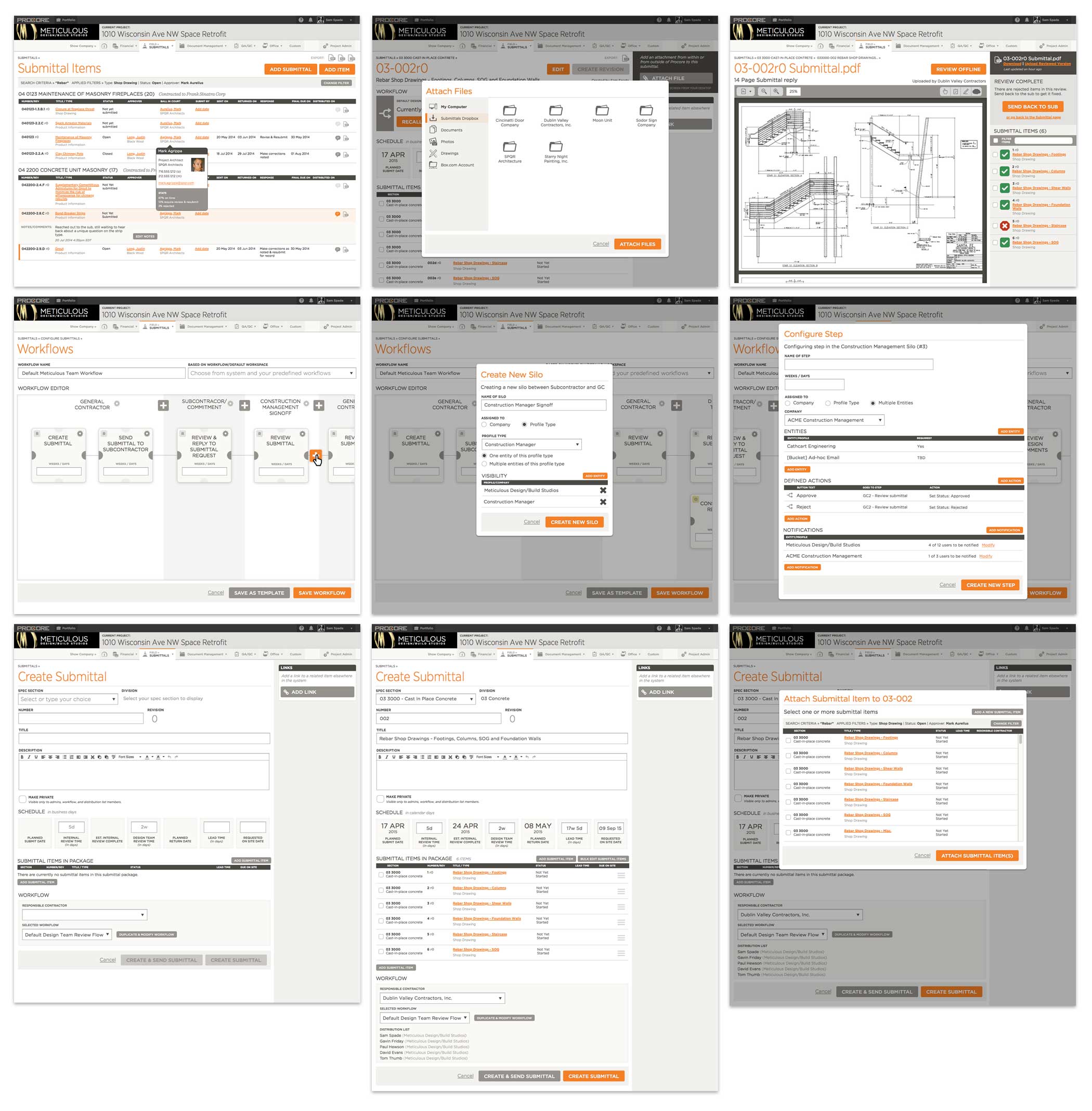 Key screens from the Submittals module