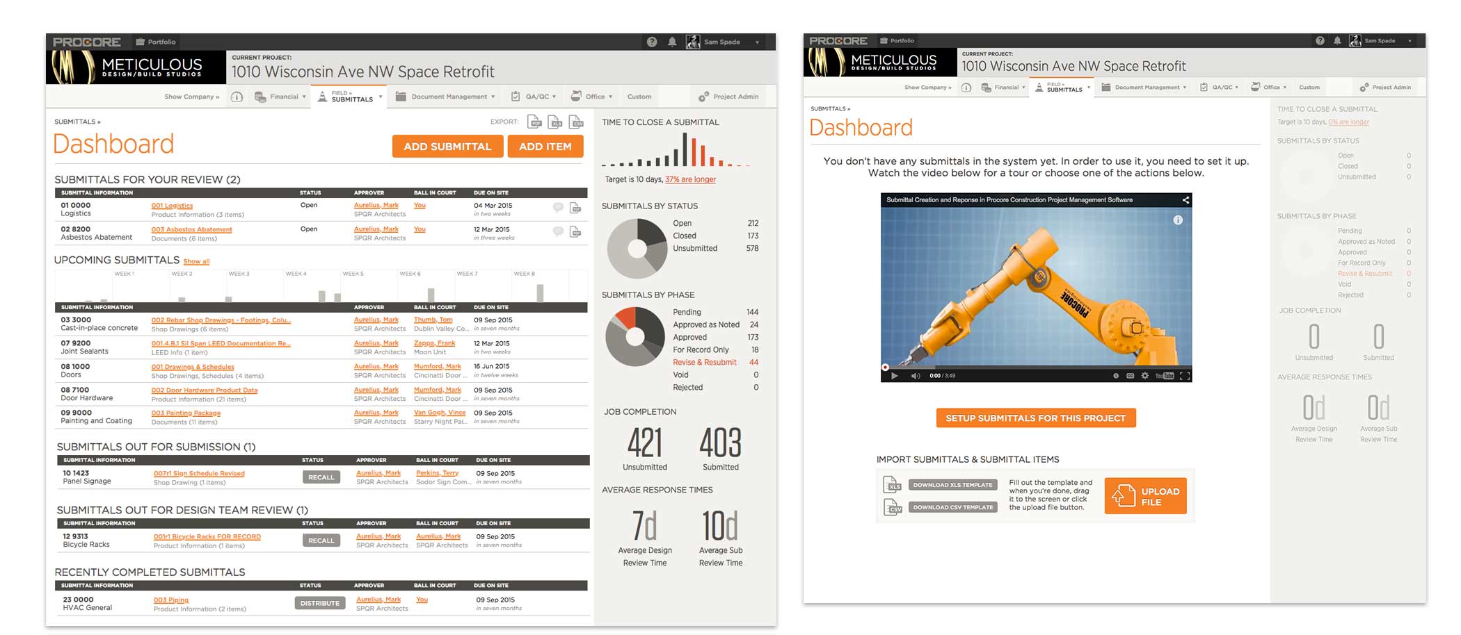Full dashboard with data (L) and equivalent dashboard when first loaded (R)
